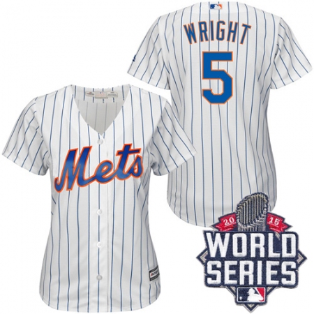 Women's Majestic New York Mets #5 David Wright Replica White/Blue Strip 2015 World Series MLB Jersey